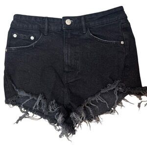 ZARA Size 4 Black Distressed High-Waisted Denim Shorts Frayed Hem